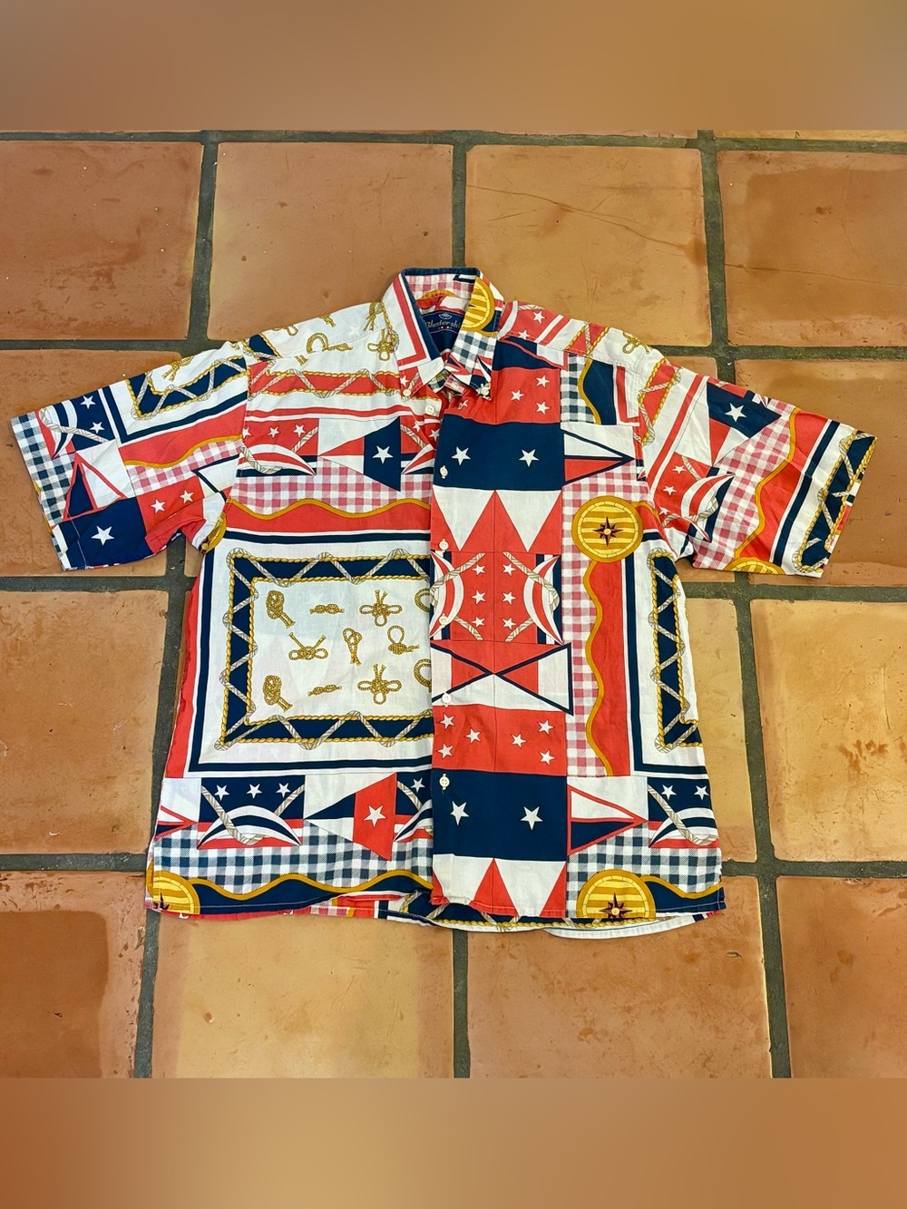 Vintage Short-Sleeve Nautical Button-Down Shirt in Red, Navy & White